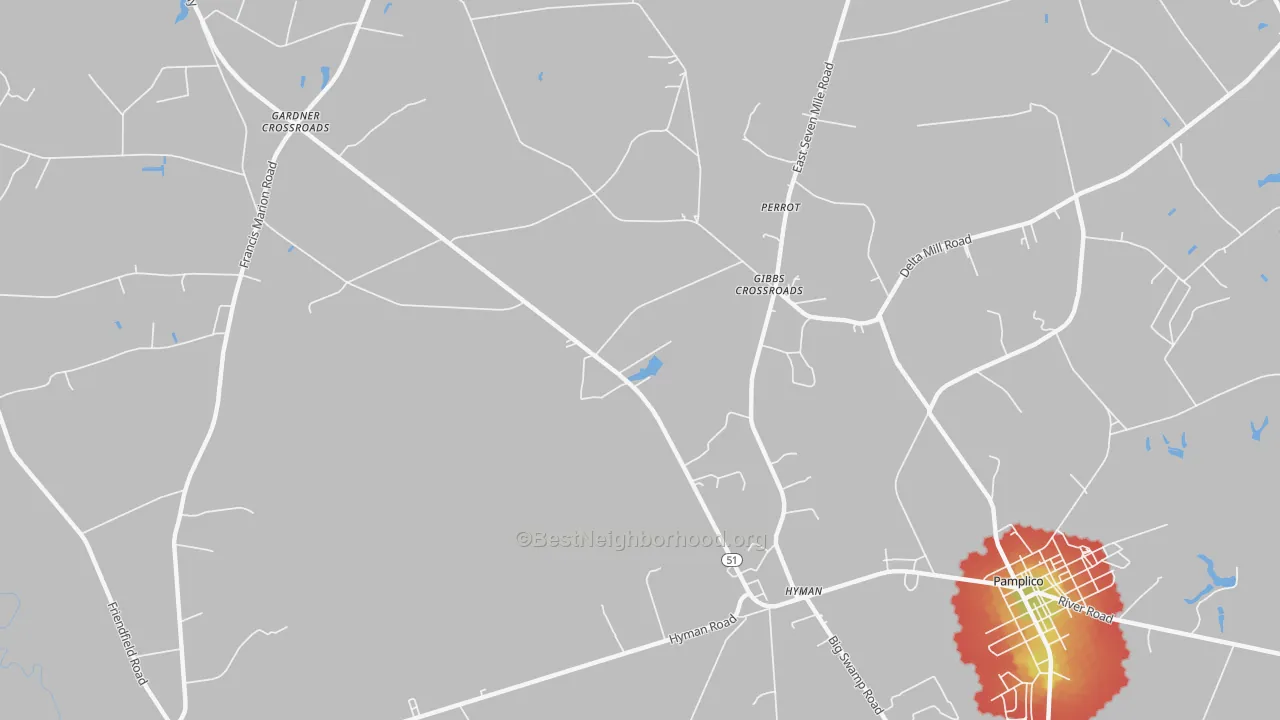 Walk Grade map of Hyman, SC, walkable areas in green and car-dependent areas in red