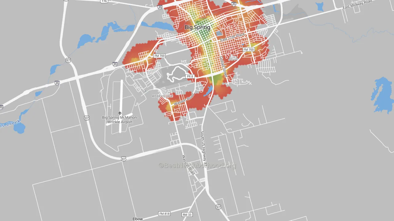 Walk Grade map of Hyman, TX, walkable areas in green and car-dependent areas in red