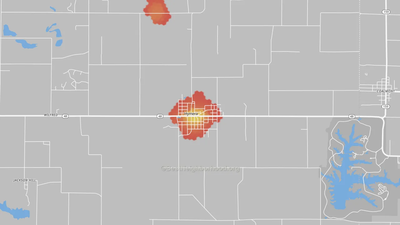 Walk Grade map of Hymera, IN, walkable areas in green and car-dependent areas in red
