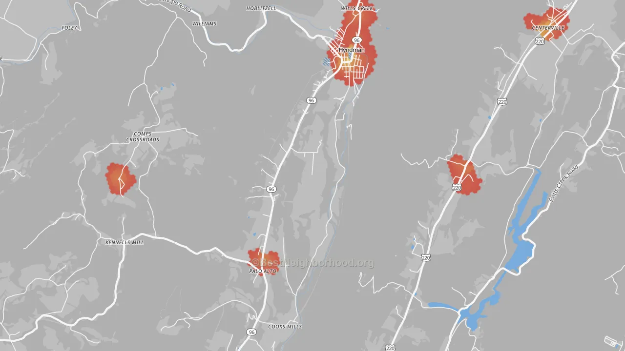 Walk Grade map of Hyndman, PA, walkable areas in green and car-dependent areas in red
