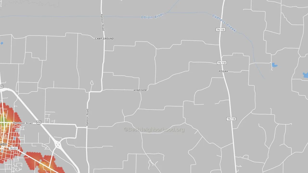 Walk Grade map of Hyndsver, TN, walkable areas in green and car-dependent areas in red