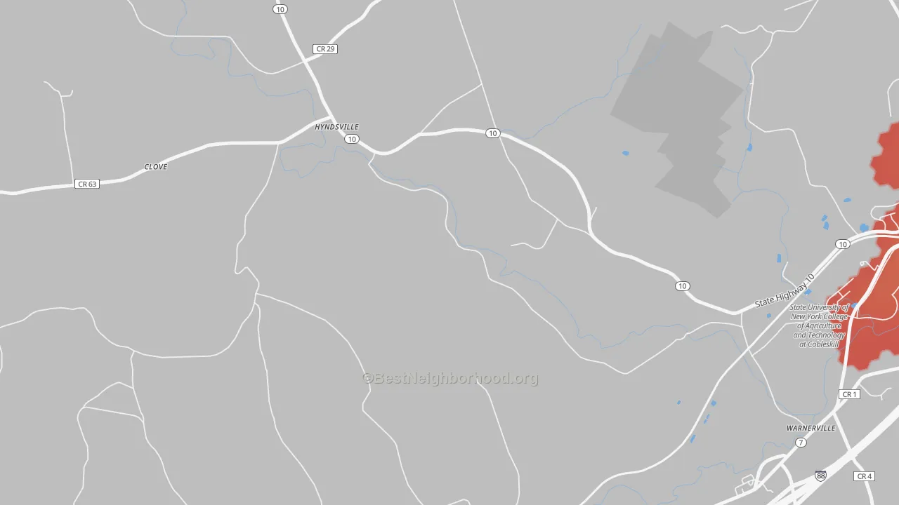 Walk Grade map of Hyndsville, NY, walkable areas in green and car-dependent areas in red