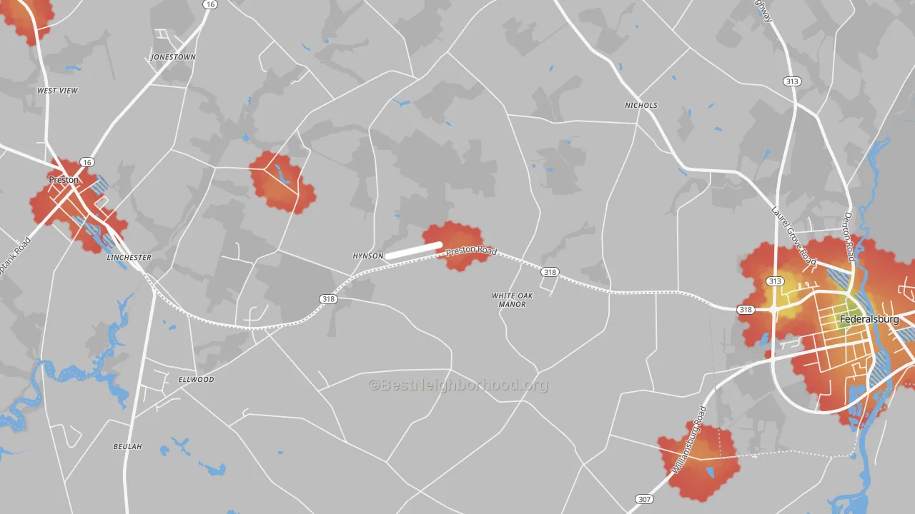 Walk Grade map of Hynson, MD, walkable areas in green and car-dependent areas in red