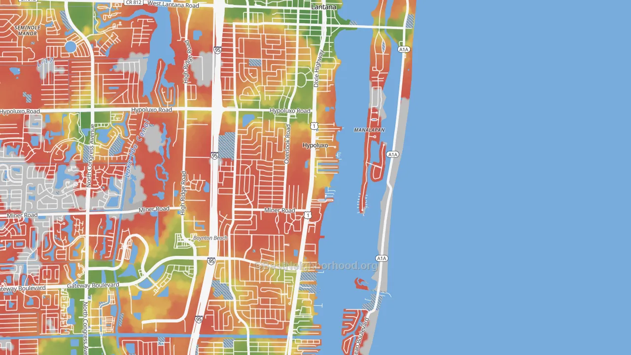 Walk Grade map of Hypoluxo, FL, walkable areas in green and car-dependent areas in red