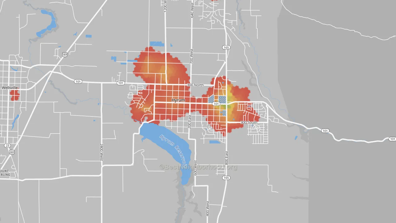 Walk Grade map of Hyrum, UT, walkable areas in green and car-dependent areas in red