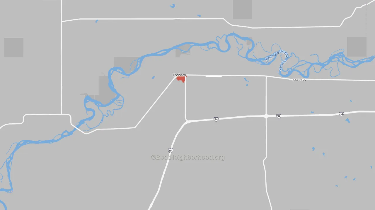 Walk Grade map of Hysham, MT, walkable areas in green and car-dependent areas in red