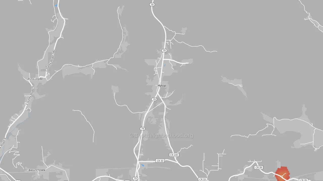 Walk Grade map of Hytop, AL, walkable areas in green and car-dependent areas in red