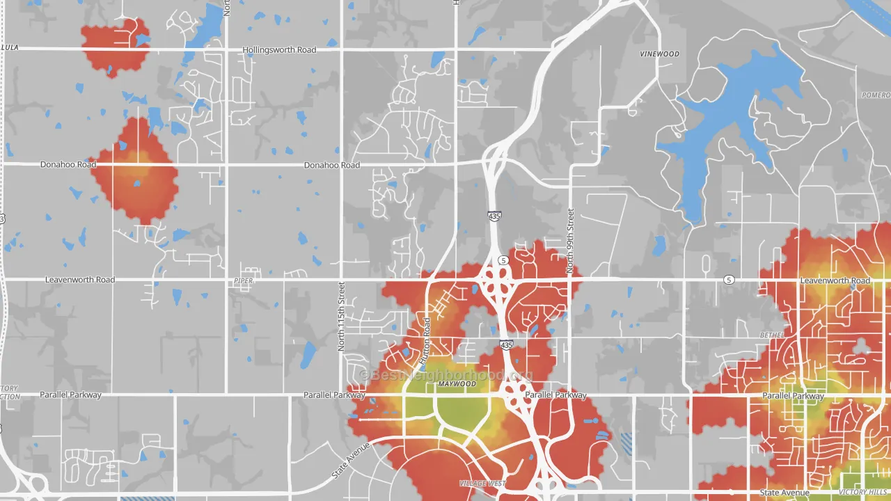 Walk Grade map of I-435 West KC-KS, Kansas City, KS, walkable areas in green and car-dependent areas in red