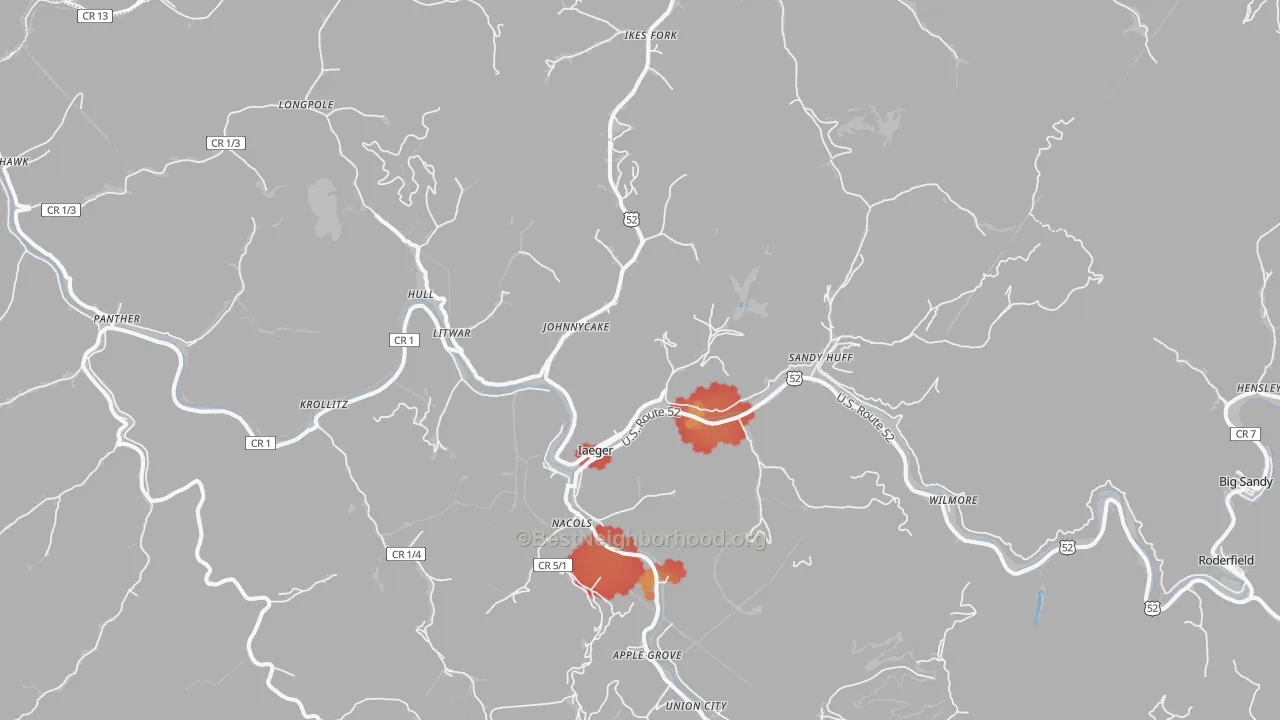 Walk Grade map of Iaeger, WV, walkable areas in green and car-dependent areas in red