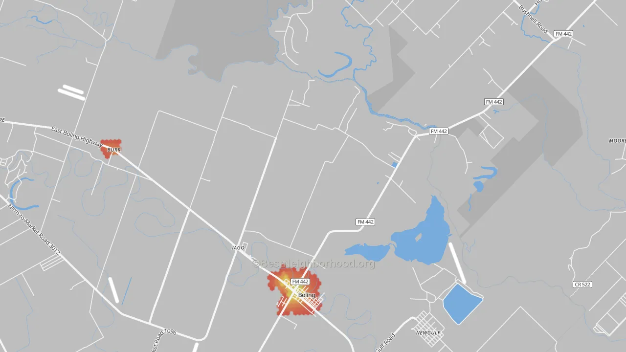 Walk Grade map of Iago, TX, walkable areas in green and car-dependent areas in red