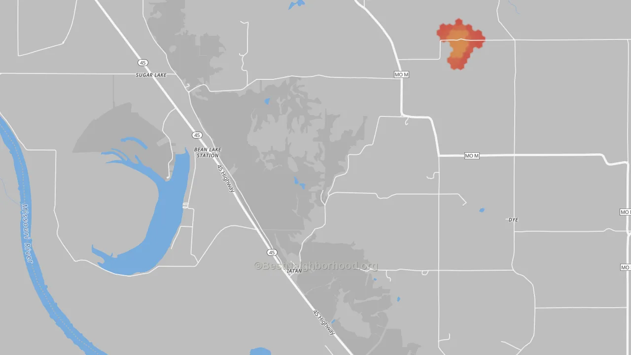 Walk Grade map of Iatan, MO, walkable areas in green and car-dependent areas in red