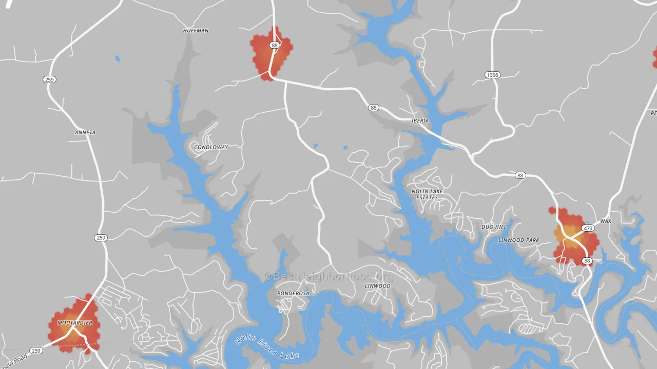 Walk Grade map of Iberia, KY, walkable areas in green and car-dependent areas in red