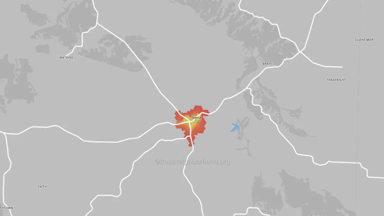 Walk Grade map of Iberia, MO, walkable areas in green and car-dependent areas in red