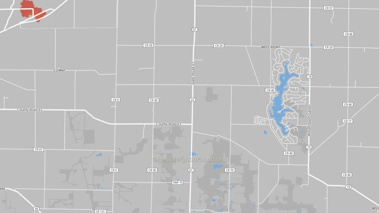 Walk Grade map of Iberia, OH, walkable areas in green and car-dependent areas in red