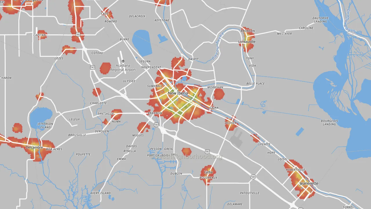 Walk Grade map of Iberia Parish, LA, walkable areas in green and car-dependent areas in red
