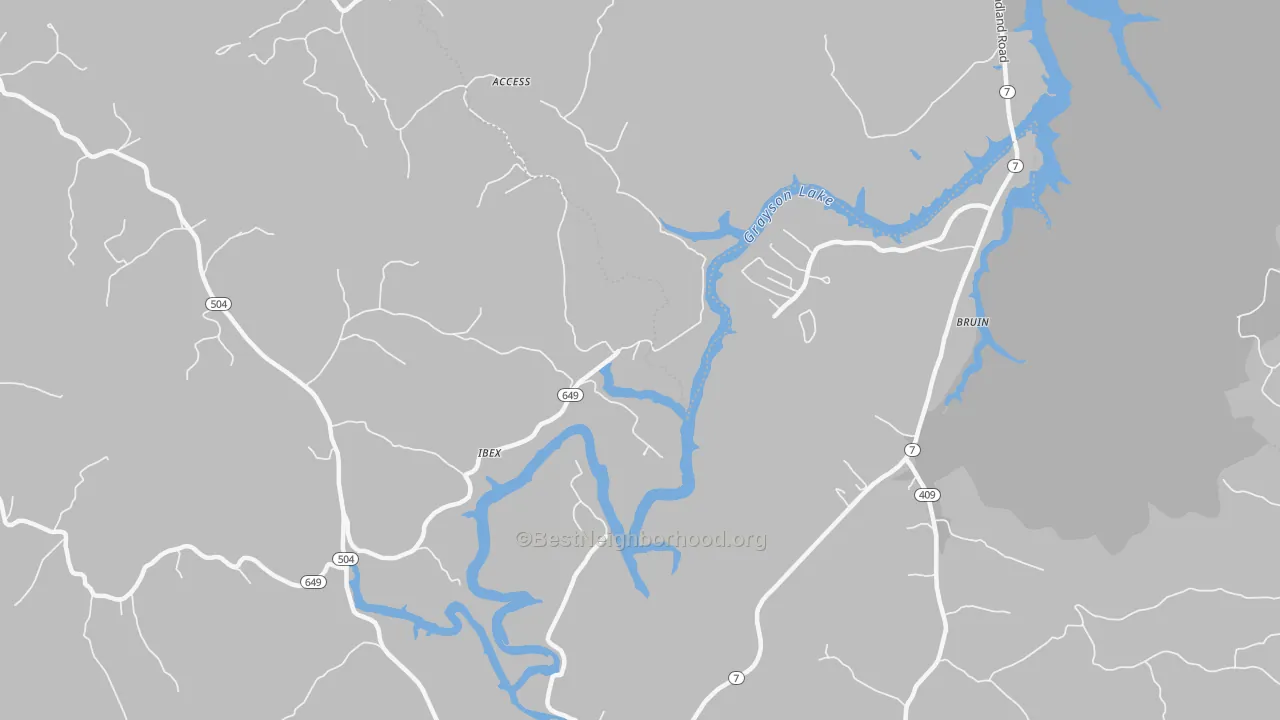 Walk Grade map of Ibex, KY, walkable areas in green and car-dependent areas in red