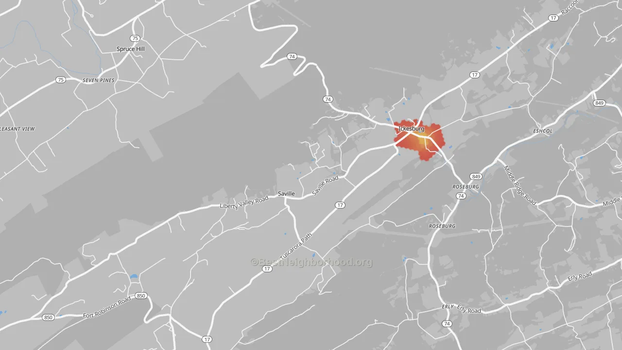 Walk Grade map of Ickesburg, PA, walkable areas in green and car-dependent areas in red