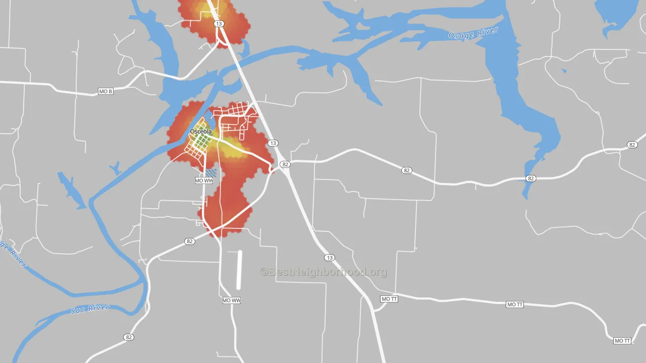 Walk Grade map of Iconium, MO, walkable areas in green and car-dependent areas in red