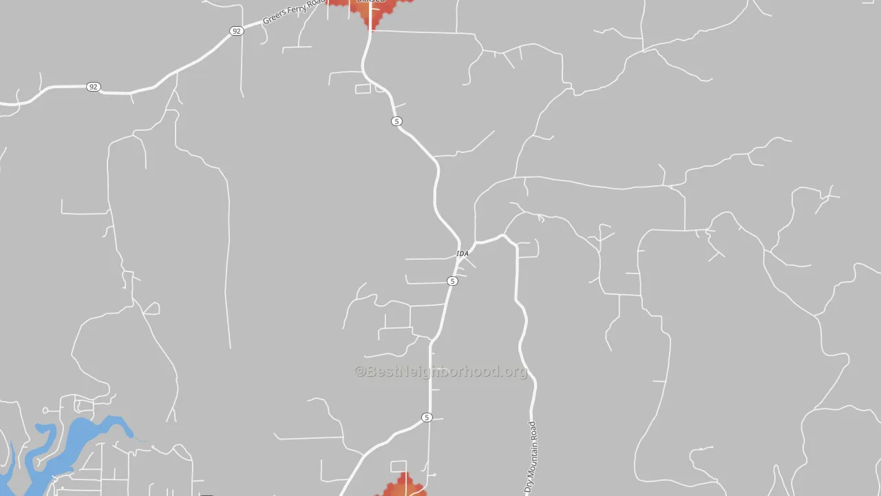 Walk Grade map of Ida, AR, walkable areas in green and car-dependent areas in red