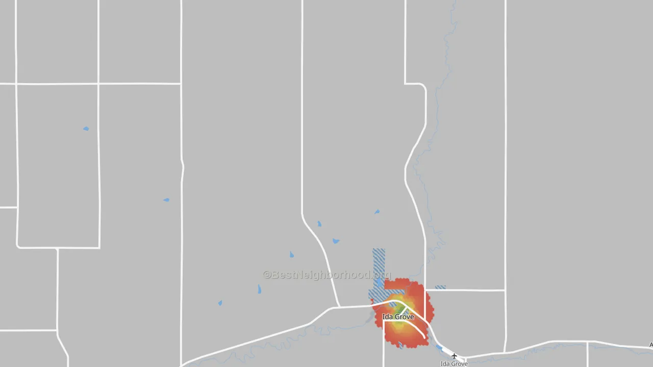 Walk Grade map of Ida County, IA, walkable areas in green and car-dependent areas in red