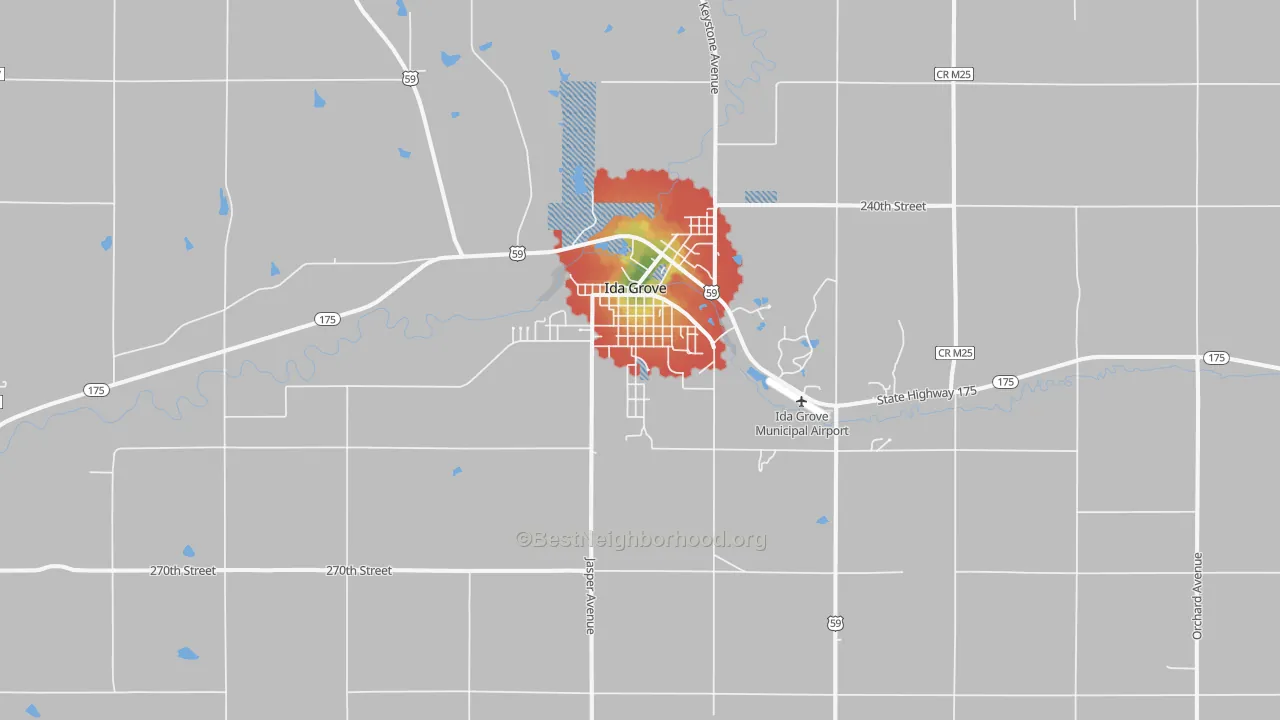 Walk Grade map of Ida Grove, IA, walkable areas in green and car-dependent areas in red