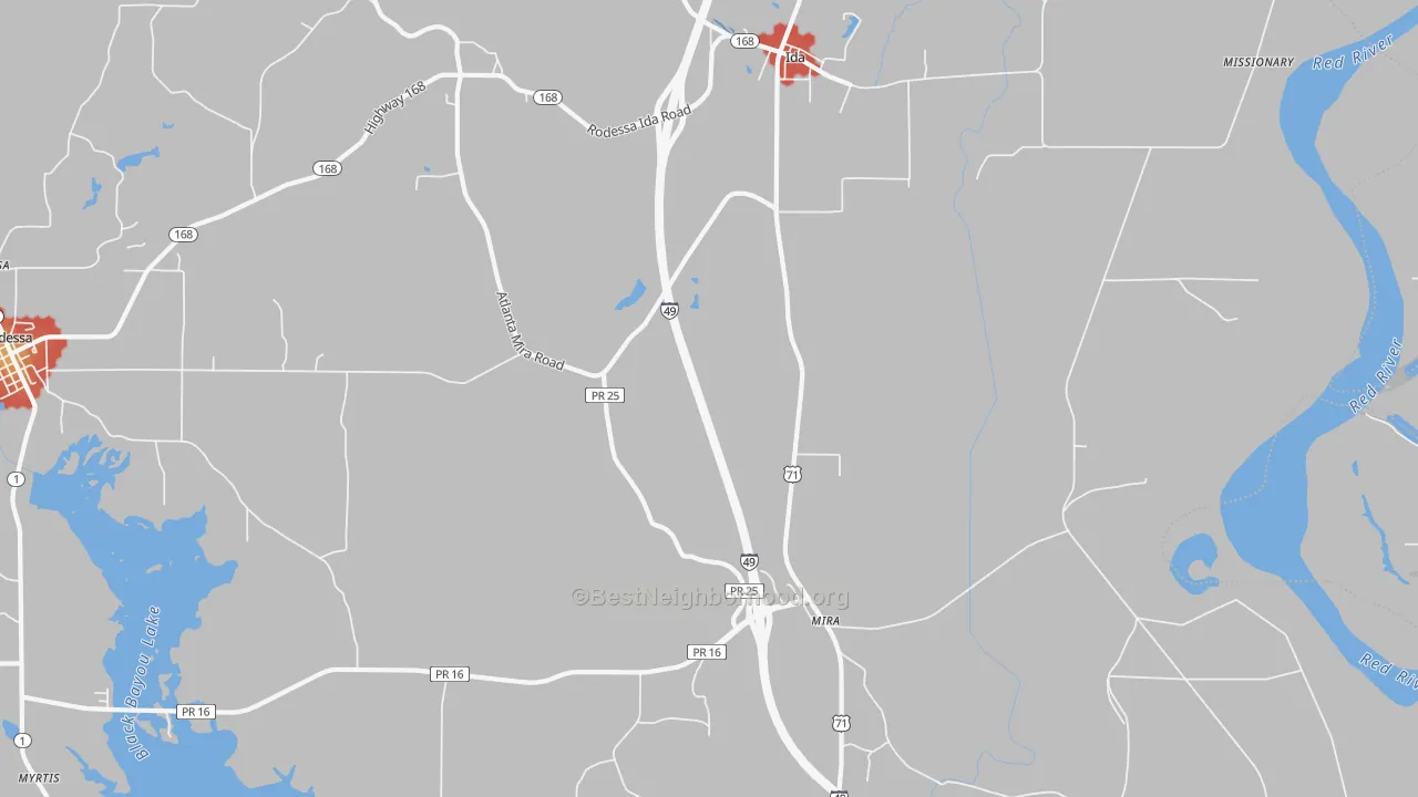 Walk Grade map of Ida, LA, walkable areas in green and car-dependent areas in red