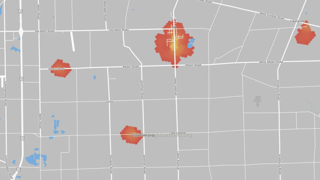 Walk Grade map of Ida, MI, walkable areas in green and car-dependent areas in red