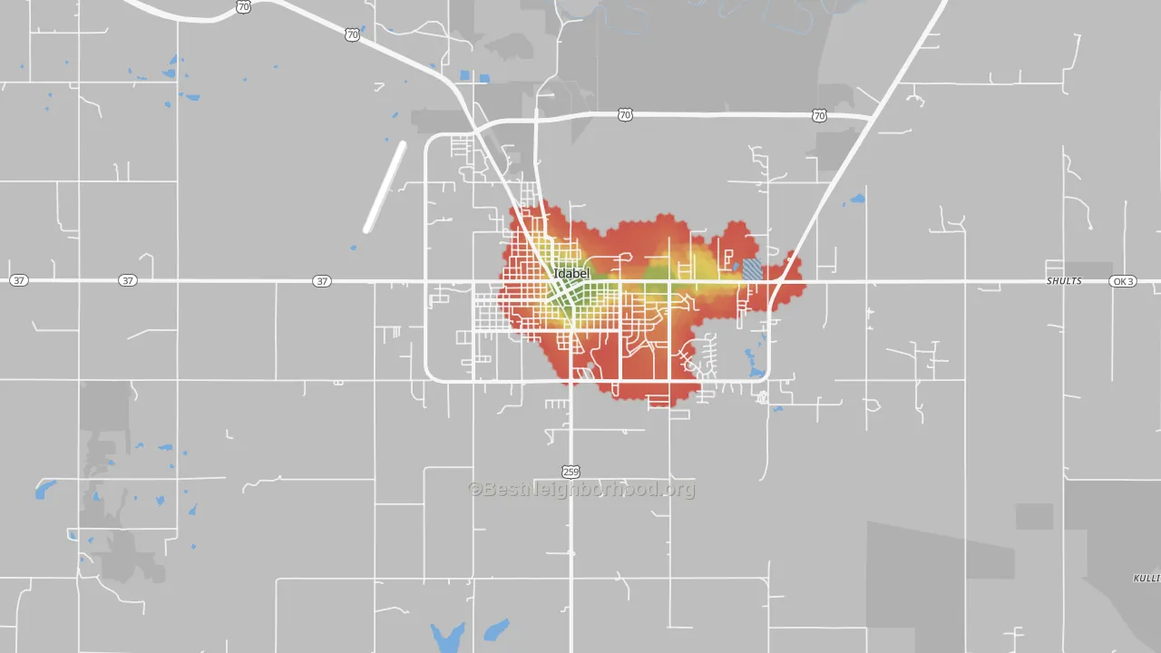Walk Grade map of Idabel, OK, walkable areas in green and car-dependent areas in red