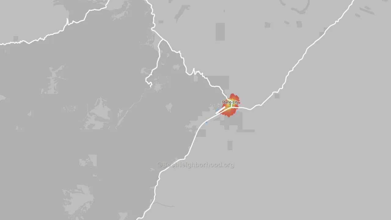 Walk Grade map of Idaho City, ID, walkable areas in green and car-dependent areas in red