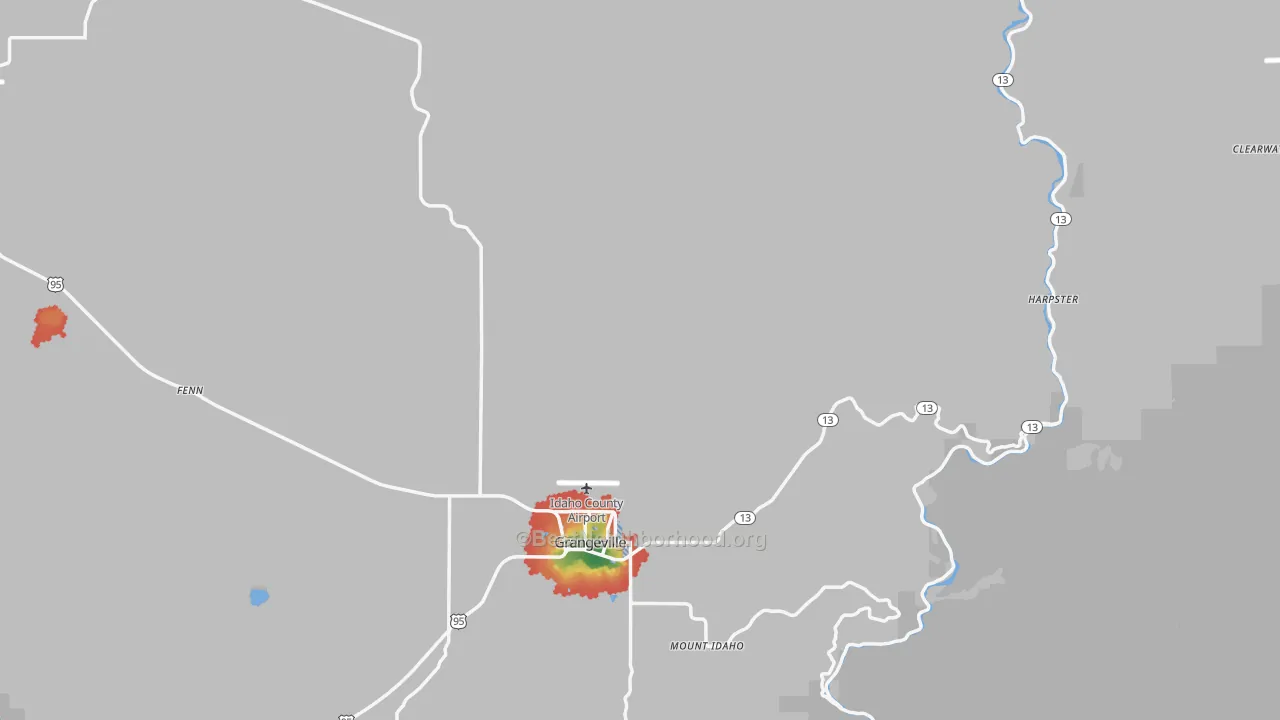 Walk Grade map of Idaho County, ID, walkable areas in green and car-dependent areas in red