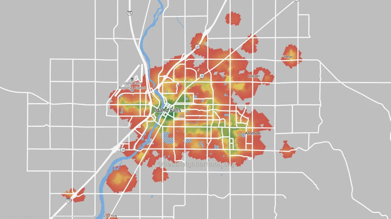 Walk Grade map of Idaho Falls, ID, walkable areas in green and car-dependent areas in red