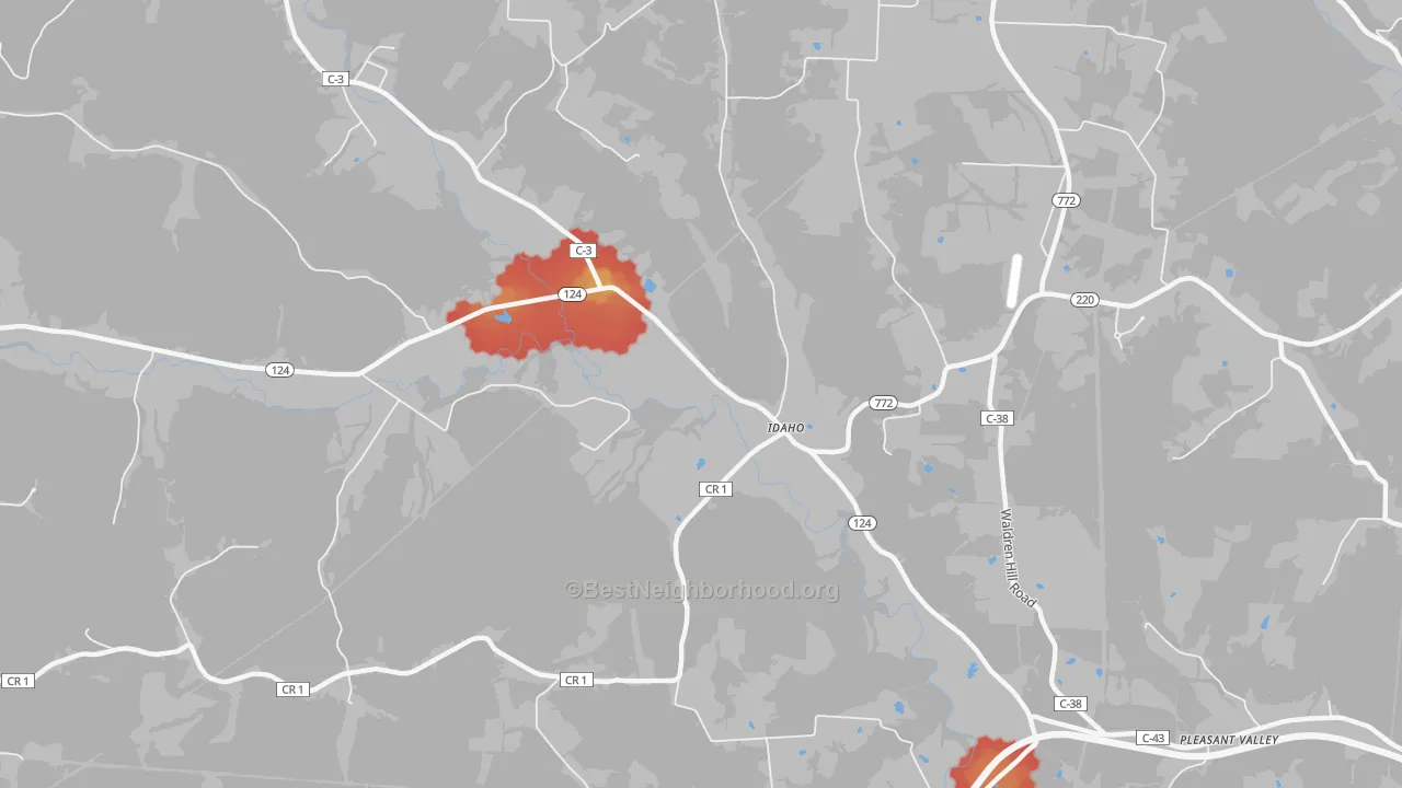 Walk Grade map of Idaho, OH, walkable areas in green and car-dependent areas in red