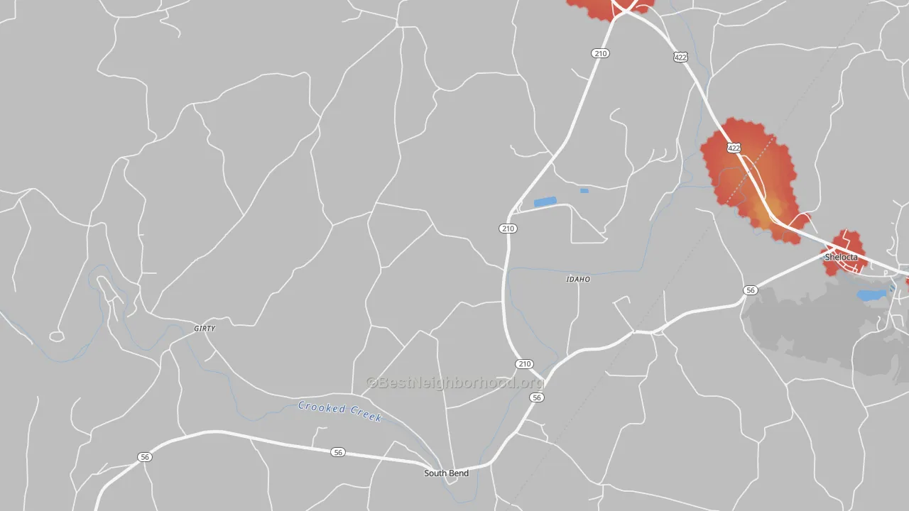 Walk Grade map of Idaho, PA, walkable areas in green and car-dependent areas in red