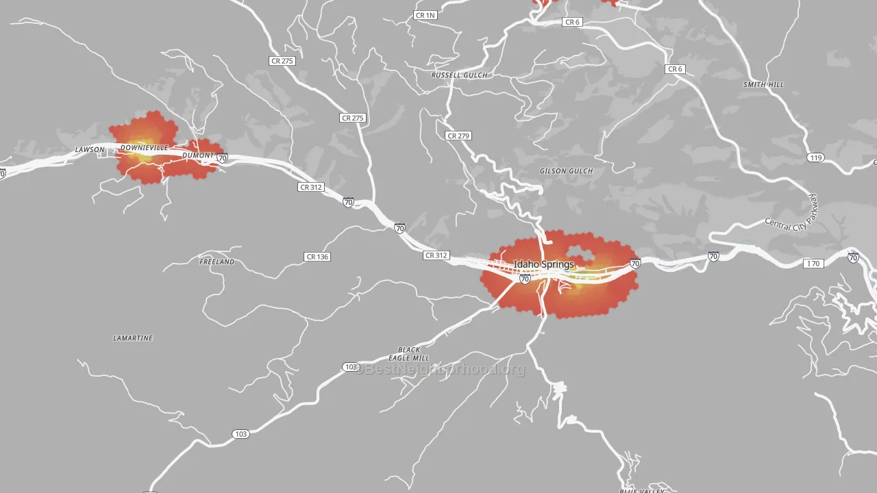 Walk Grade map of Idaho Springs, CO, walkable areas in green and car-dependent areas in red