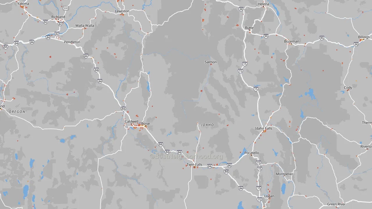 Walk Grade map of Idaho, walkable areas in green and car-dependent areas in red