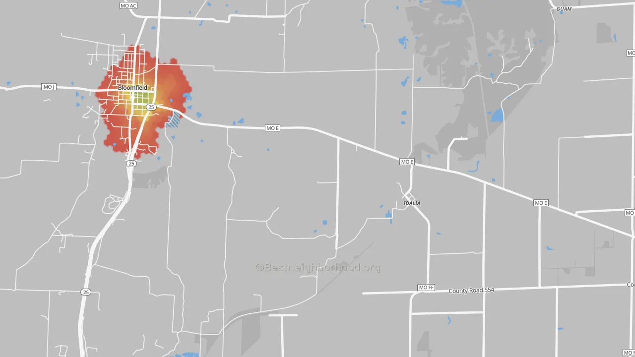 Walk Grade map of Idalia, MO, walkable areas in green and car-dependent areas in red