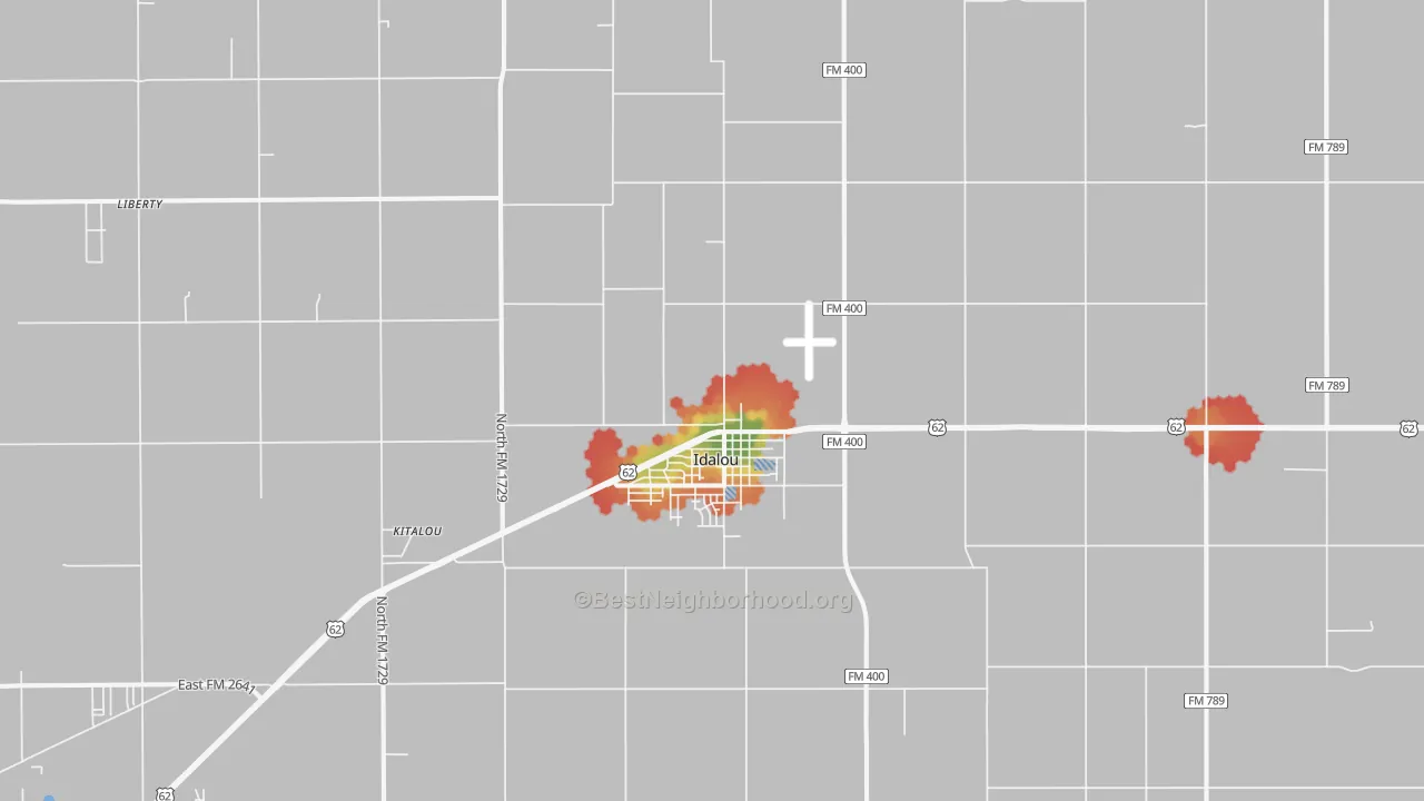 Walk Grade map of Idalou, TX, walkable areas in green and car-dependent areas in red