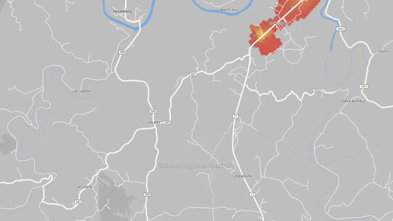 Walk Grade map of Idamay, KY, walkable areas in green and car-dependent areas in red