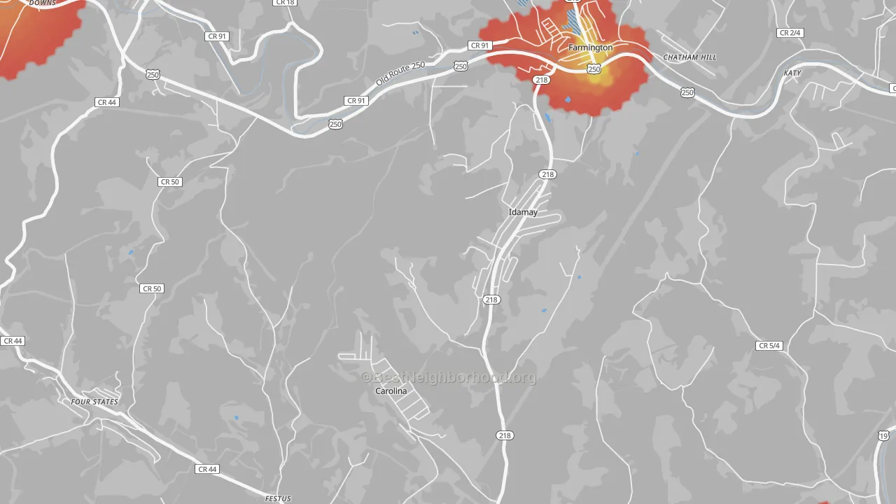 Walk Grade map of Idamay, WV, walkable areas in green and car-dependent areas in red