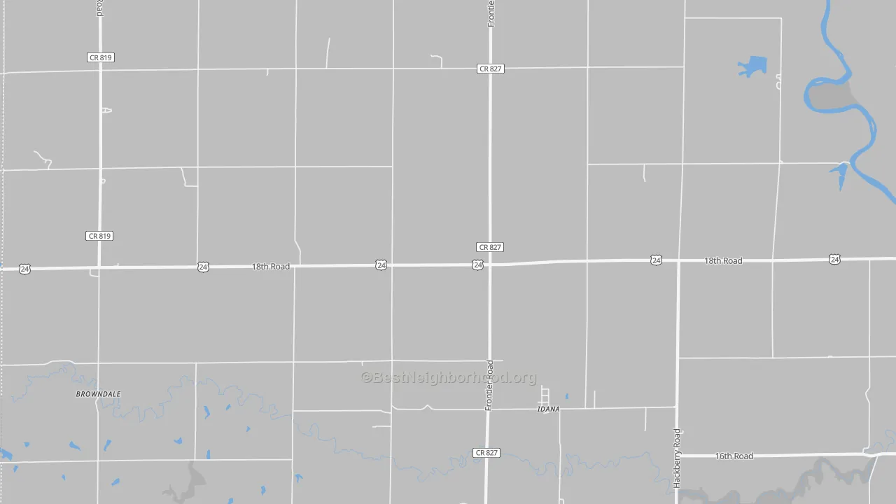 Walk Grade map of Idana, KS, walkable areas in green and car-dependent areas in red