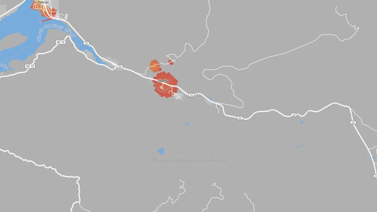 Walk Grade map of Idanha, OR, walkable areas in green and car-dependent areas in red