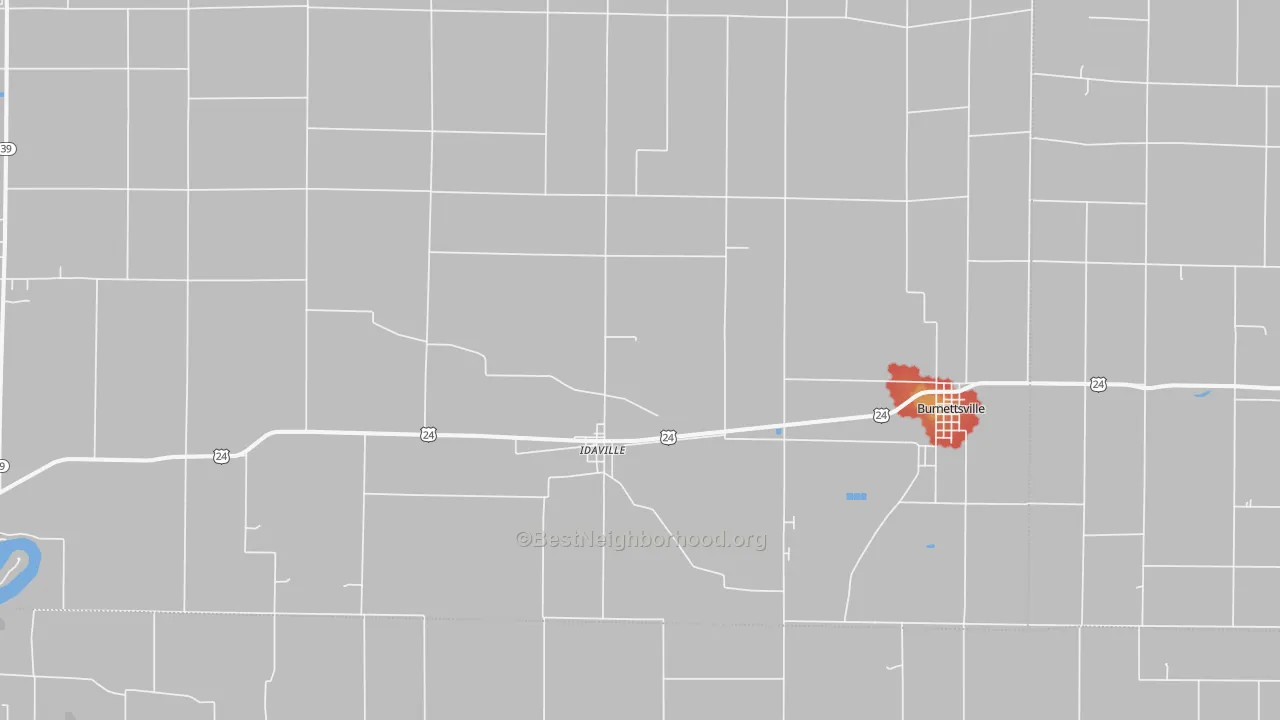 Walk Grade map of Idaville, IN, walkable areas in green and car-dependent areas in red
