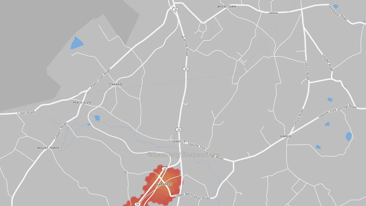 Walk Grade map of Idaville, PA, walkable areas in green and car-dependent areas in red