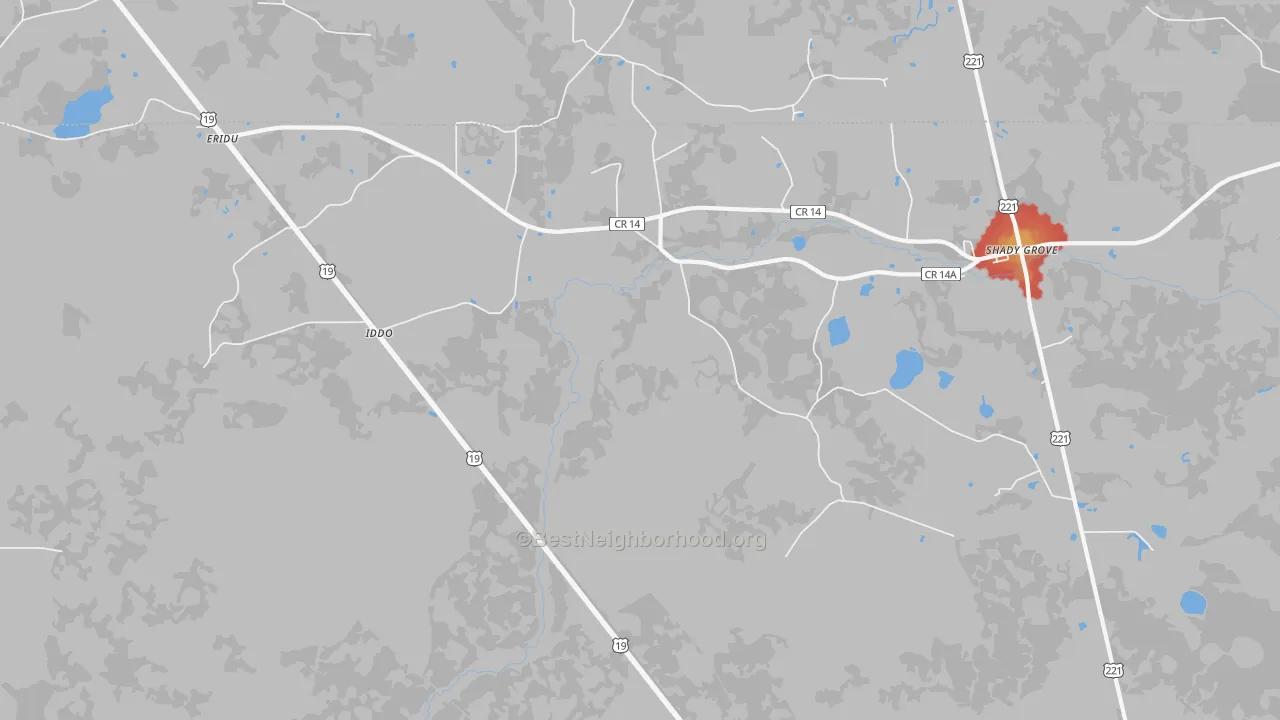 Walk Grade map of Iddo, FL, walkable areas in green and car-dependent areas in red