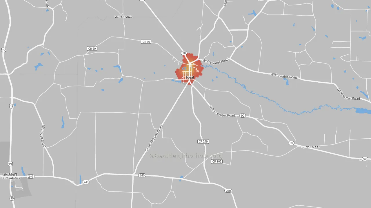 Walk Grade map of Ideal, GA, walkable areas in green and car-dependent areas in red