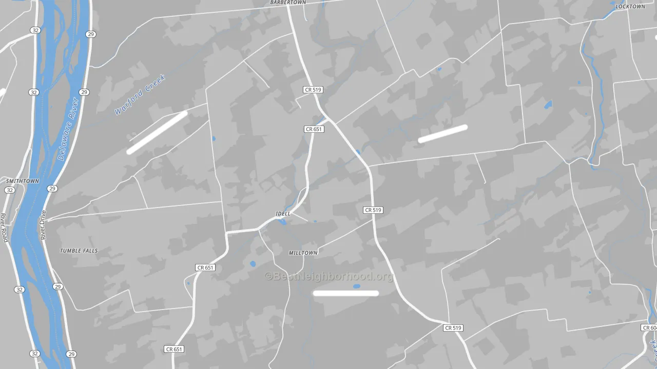 Walk Grade map of Idell, NJ, walkable areas in green and car-dependent areas in red