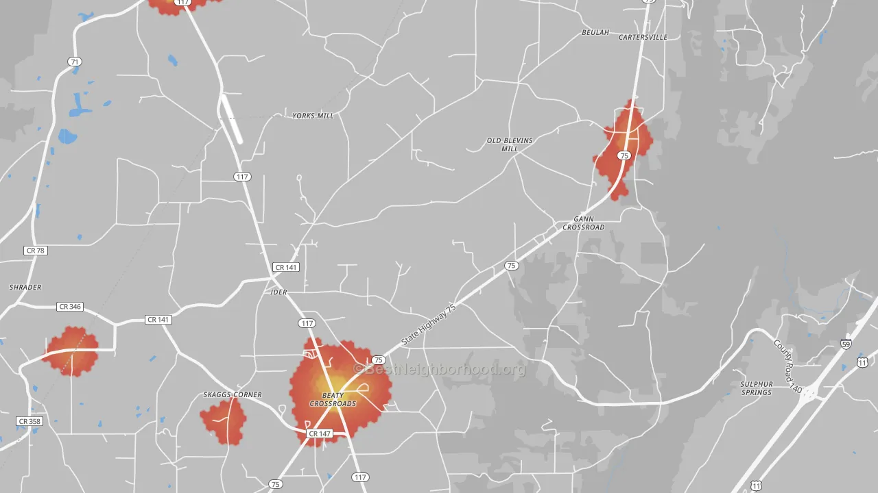 Walk Grade map of Ider, AL, walkable areas in green and car-dependent areas in red