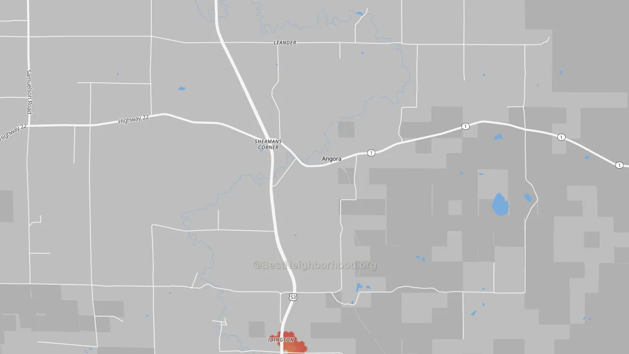 Walk Grade map of Idington, MN, walkable areas in green and car-dependent areas in red
