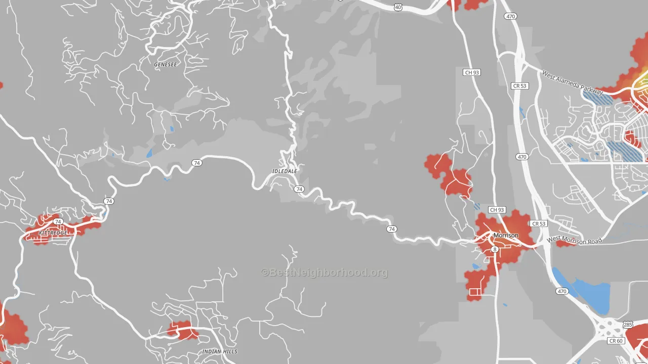 Walk Grade map of Idledale, CO, walkable areas in green and car-dependent areas in red