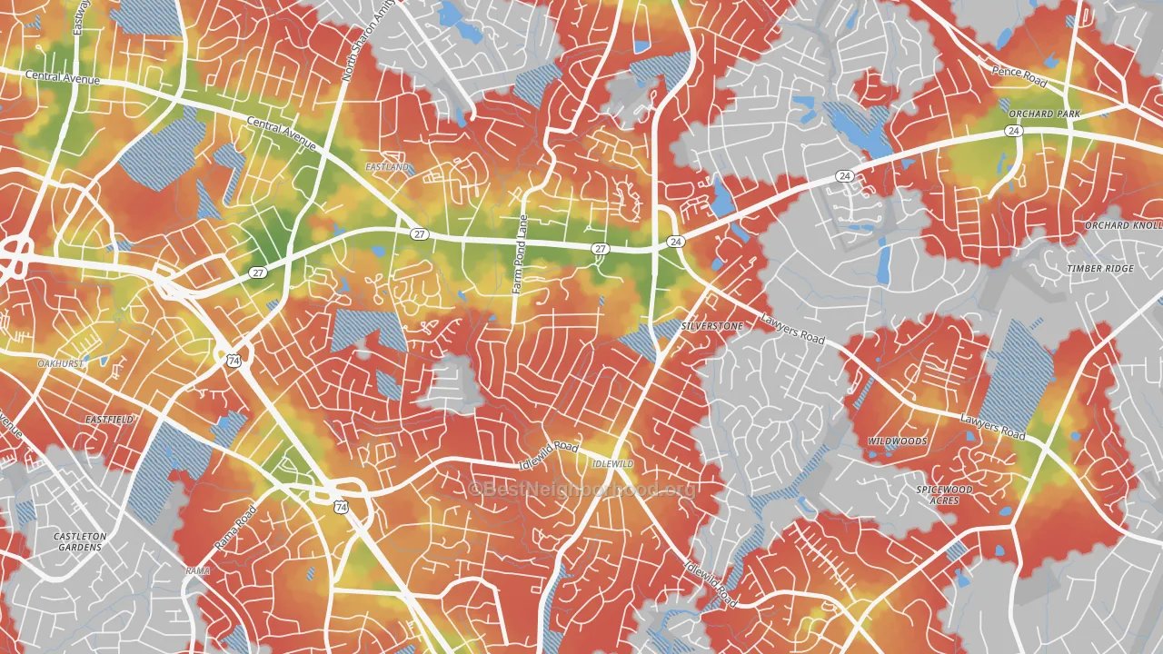 Walk Grade map of Idlewild Farms, Charlotte, NC, walkable areas in green and car-dependent areas in red